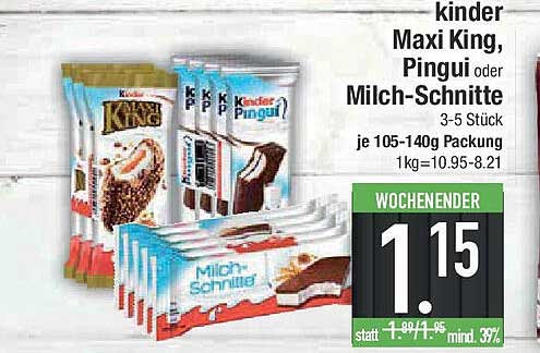 kinder Maxi King, Pingui oder Milch-Schnitte 3-5 Stück