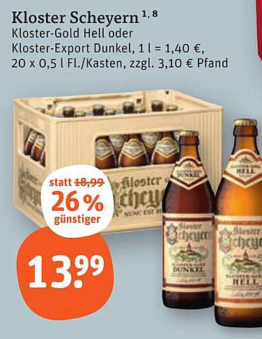 Kloster Scheyern Bier - Kloster-Gold Hell oder Kloster-Export Dunkel, 20 x 0,5 l Kasten