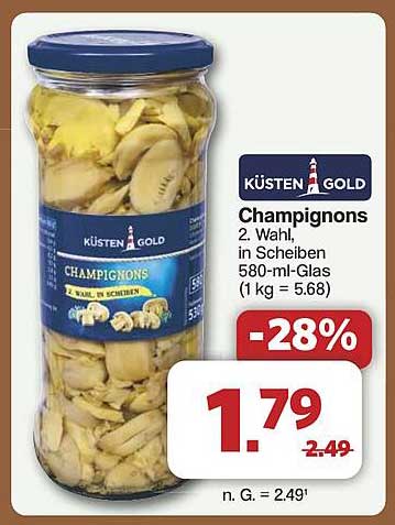 KÜSTEN GOLD Champignons 2. Wahl in Scheiben, 580-ml-Glas
