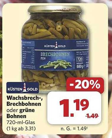 Küsten Gold Wachsbrech-, Brechbohnen oder grüne Bohnen 720-ml-Glas