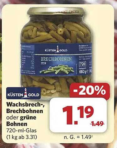 KÜSTEN GOLD Wachsbrech-, Brechbohnen oder grüne Bohnen 720-ml-Glas