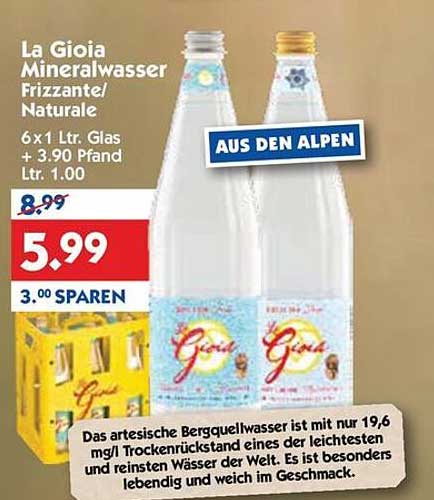 La Gioia Mineralwasser Frizzante/Naturale 6 x 1 Ltr. Glas
