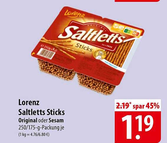 Lorenz Saltletts Sticks Original oder Sesam 250/175-g-Packung