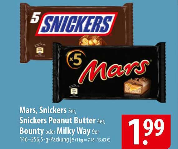 Mars, Snickers 5er, Snickers Peanut Butter 4er, Bounty oder Milky Way 9er