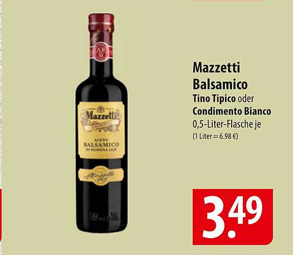 Mazzetti Balsamico Tino Tipico oder Condimento Bianco 0,5-Liter-Flasche