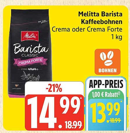 Melitta Barista Kaffee Bohnen Crema oder Crema Forte 1 kg