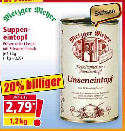 Metzger Meyer Suppeneintopf Erbsen oder Linsen mit Schweinefleisch 1,2 kg