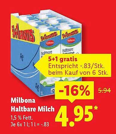 Milbona Haltbare Milch 1,5% Fett - 5+1 gratis