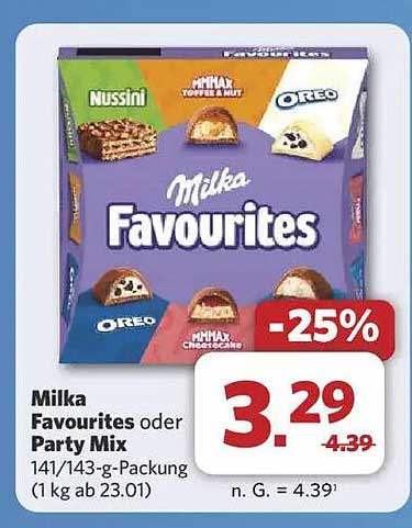 Milka Favourites oder Party Mix 141/143-g-Packung (1 kg ab 23.01)