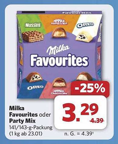 Milka Favourites oder Party Mix 141/143-g-Packung (1 kg ab 23.01)