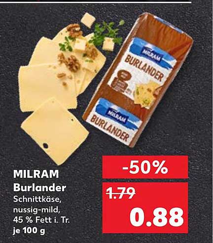 MILRAM Burlander Schnittkäse, nussig-mild, 45% Fett i. Tr. je 100 g