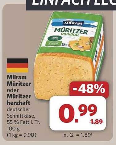Milram Müritzer oder Müritzer herzhaft - deutscher Schnittkäse, 55 % Fett i. Tr.