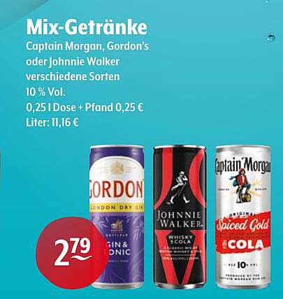 Mix-Getränke: Captain Morgan, Gordon's oder Johnnie Walker verschiedene Sorten