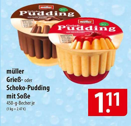 müller Grieß- oder Schoko-Pudding mit Soße