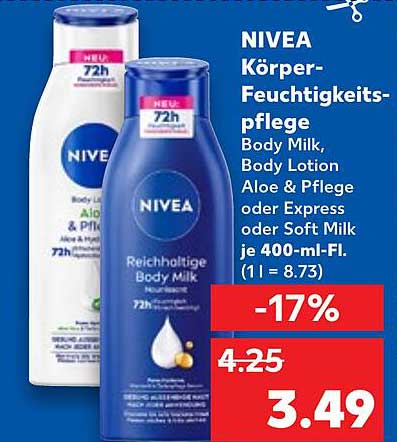 NIVEA Körper-Feuchtigkeitspflege Body Milk, Body Lotion Aloe & Pflege oder Express oder Soft Milk je 400-ml-Fl.