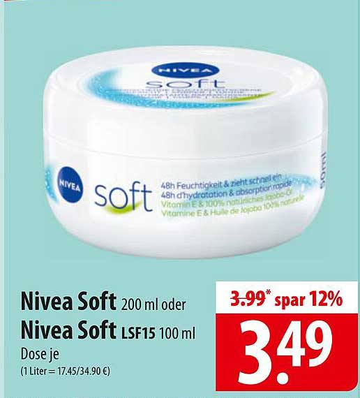 Nivea Soft 200 ml oder Nivea Soft LSF15 100 ml Dose je