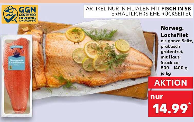 Norweg. Lachsfilet als ganze Seite, praktisch grätenfrei, mit Haut, Stück ca. 800 - 1400 g je kg