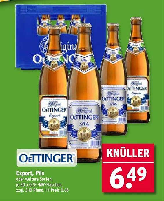OETTINGER Export, Pils oder andere Sorten, je 20 x 0,5 l-MW-Flaschen