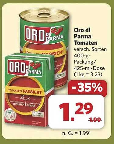 Oro di Parma Tomaten verschieden. Sorten 400-g-Packung/425-ml-Dose
