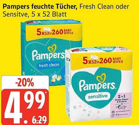 Pampers feuchte Tücher, Fresh Clean oder Sensitive, 5 x 52 Blatt