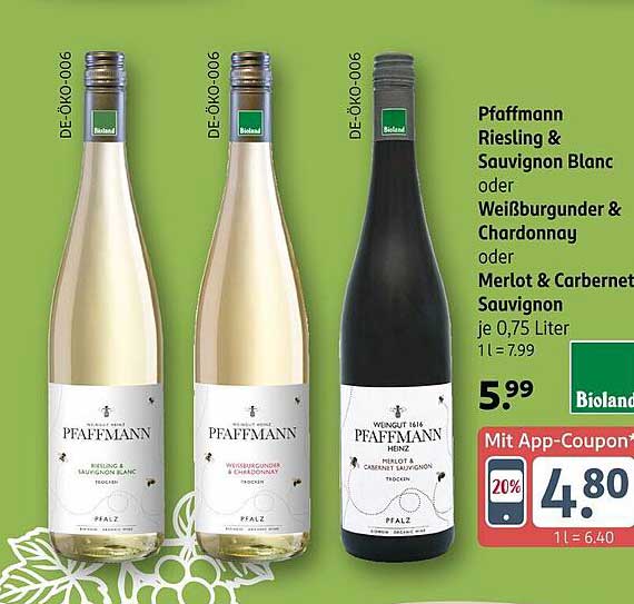 Pfaffmann Riesling & Sauvignon Blanc oder Weißburgunder & Chardonnay oder Merlot & Cabernet Sauvignon je 0,75 Liter