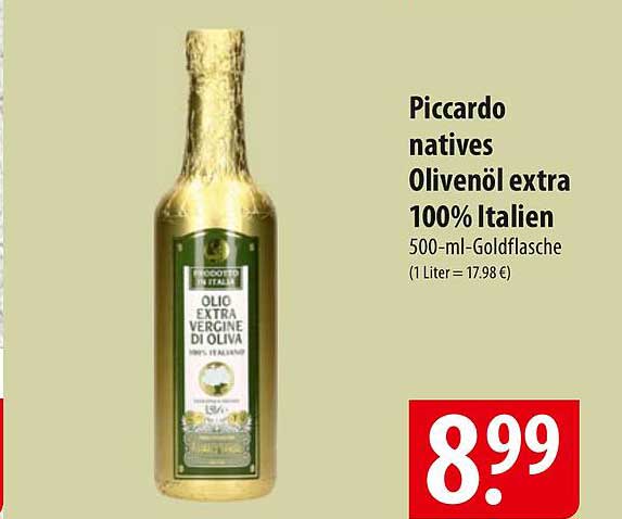 Piccardo natives Olivenöl extra 100% Italien 500-ml-Goldflasche