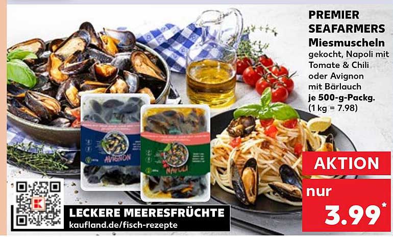 PREMIER SEAFARMERS Miesmuscheln gekocht, Napoli mit Tomate & Chili oder Avignon mit Bärlauch je 500-g-Pack.