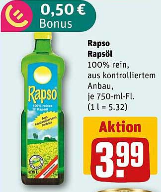 Rapso Rapsöl 100% rein, aus kontrolliertem Anbau, je 750-ml-Fl.