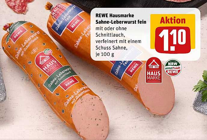 REWE Hausmarke Sahne-Leberwurst fein mit oder ohne Schnittlauch, verfeinert mit einem Schuss Sahne, je 100 g