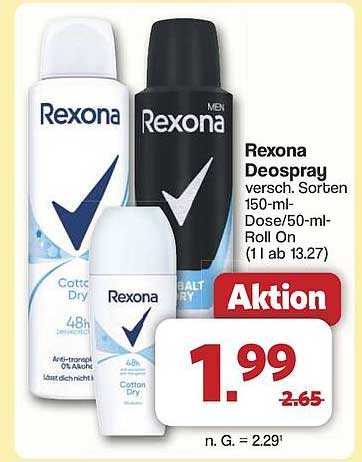 Rexona Deospray verschiedene Sorten 150-ml-Dose, 50-ml-Roll On