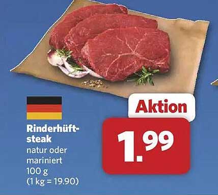 Rinderhüftsteak natur oder mariniert 100 g (1 kg = 19,90)