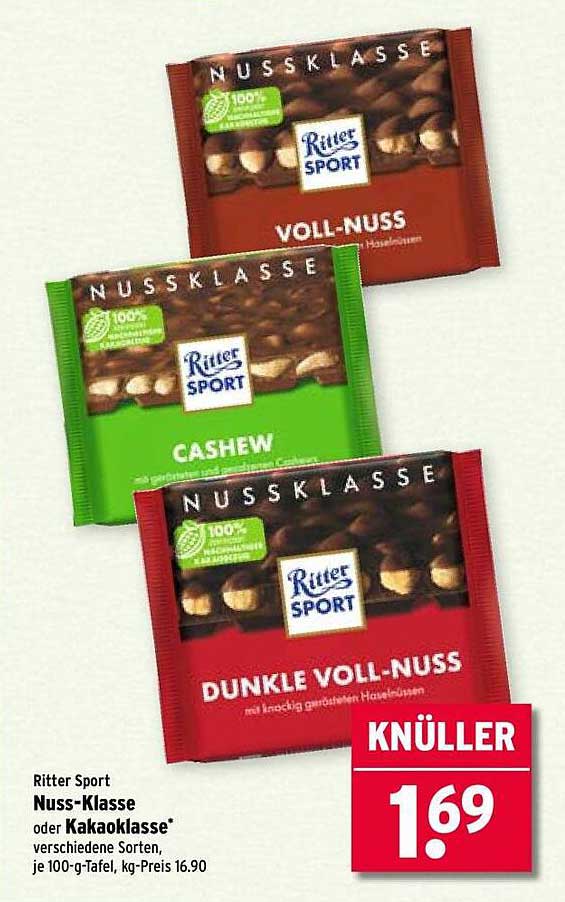 Ritter Sport Nuss-Klasse oder Kakaoklasse - verschiedene Sorten, je 100-g-Tafel, kg-Preis 16.90