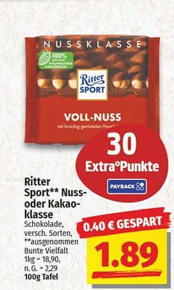 Ritter Sport** Nuss- oder Kakao-Klasse