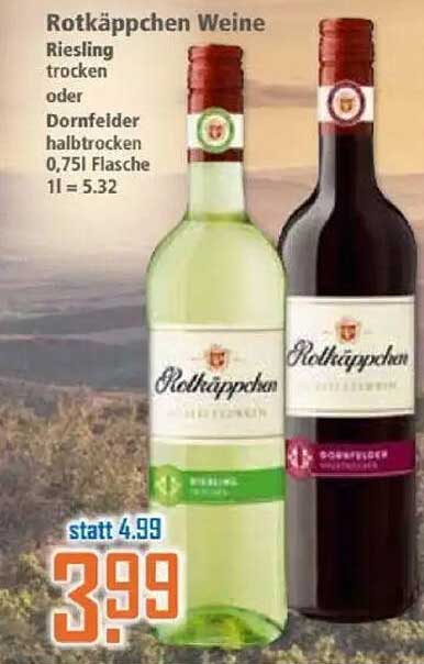 Rotkäppchen Weine – Riesling trocken oder Dornfelder halbtrocken 0,75 l Flasche