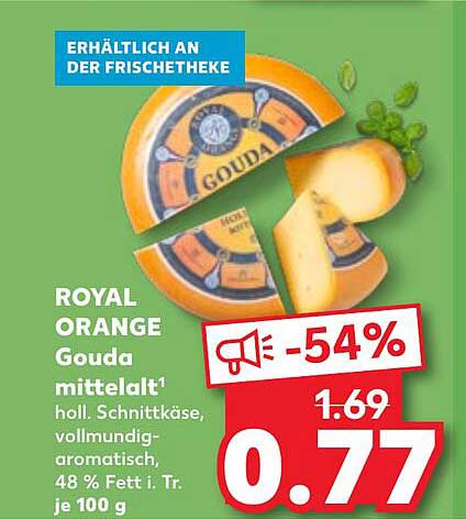 ROYAL ORANGE Gouda mittelalt 1 holl. Schnittkäse, 48% Fett i. Tr. je 100 g