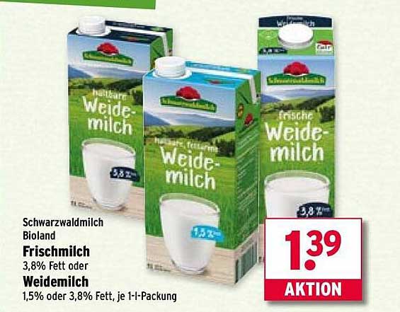 Schwarzwaldmilch Bioland Frischmilch und Weidemilch 1,5% oder 3,8% Fett, je 1l-Packung