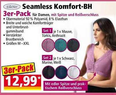 Seamless Komfort-BH 3er-Pack für Damen, mit Spitze und Reißverschluss