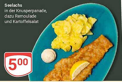 Seelachs in der Knusperpanade, dazu Remoulade und Kartoffelsalat