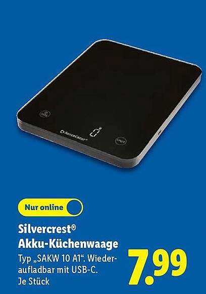 Silvercrest® Akku-Küchenwaage Typ „SAKW 10 A1“ Wiederaufladbar mit USB-C.