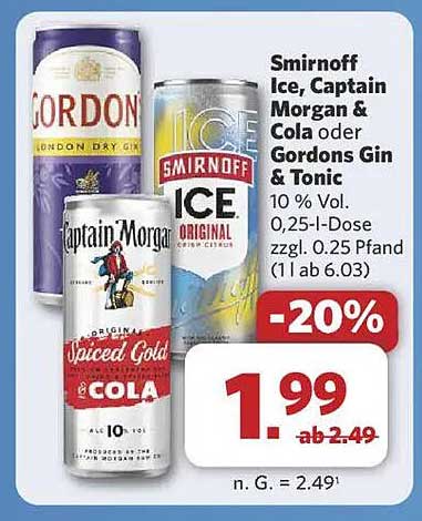 Smirnoff Ice, Captain Morgan & Cola oder Gordons Gin & Tonic – 20% Rabatt!
