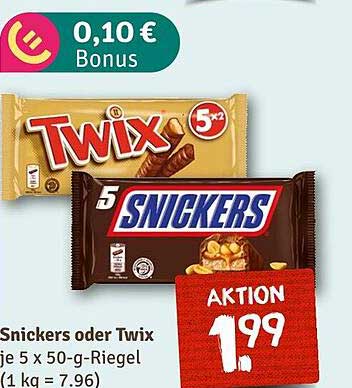 Snickers oder Twix je 5 x 50-g-Riegel