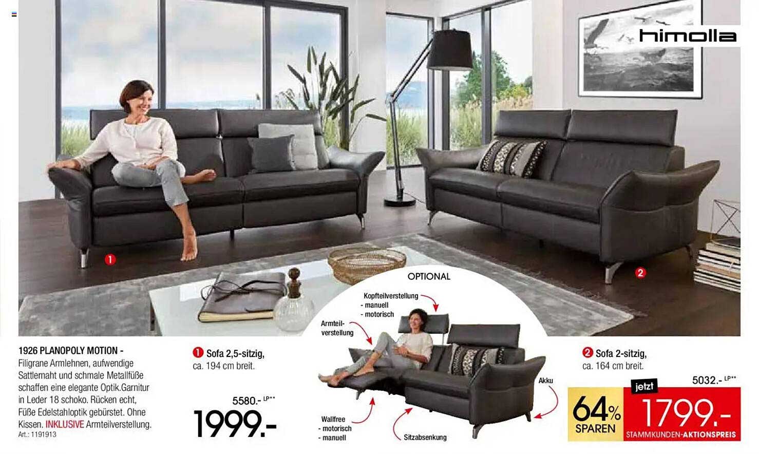 Sofa 2,5-sitzig PLANOPOLY MOTION in Leder 18 schoko