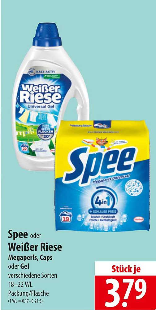 Spee oder Weißer Riese Megaperls, Caps oder Gel verschiedene Sorten 18–22 WL