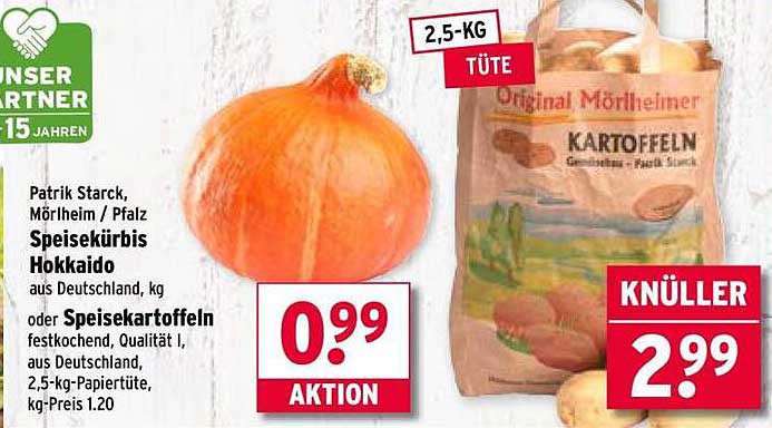 Speisekürbis Hokkaido oder Speisekartoffeln, 2,5-kg-Tüte