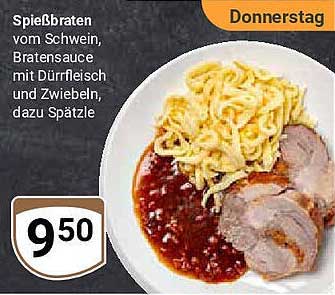 Spießbraten vom Schwein mit Bratensauce und Spätzle
