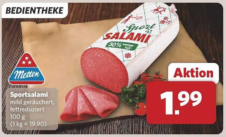 Sport-Salami mild geräuchert, fettreduziert 100 g für nur 1,99 €