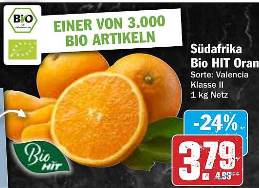 Südafrika Bio HIT Orangen, Sorte: Valencia, Klasse II, 1 kg Netz