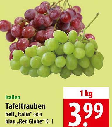 Tafeltrauben hell „Italia“ oder blau „Red Globe“ 1 kg
