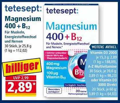 tetesept Magnesium 400 + B12 für Muskeln, Energiestoffwechsel und Nerven - 30 Stück