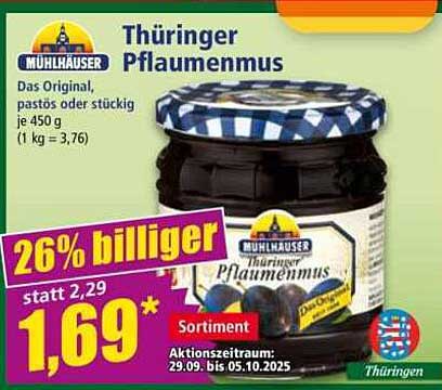 Thüringer Pflaumenmus, Das Original, pastös oder stückig je 450 g